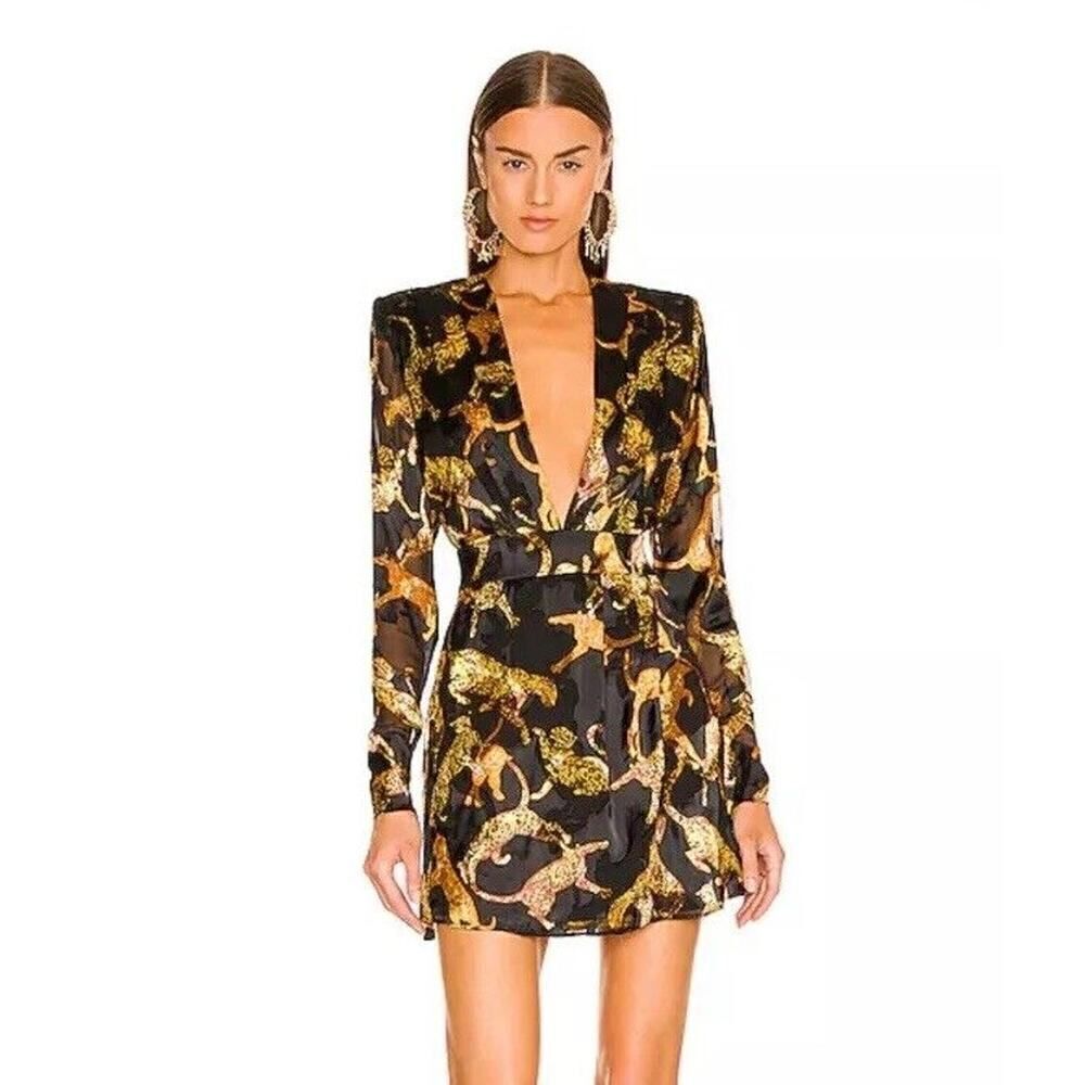 DUNDAS X Revolve dress Gloria Cats Print Gold Black Mini Short Sz XS NWT $348
